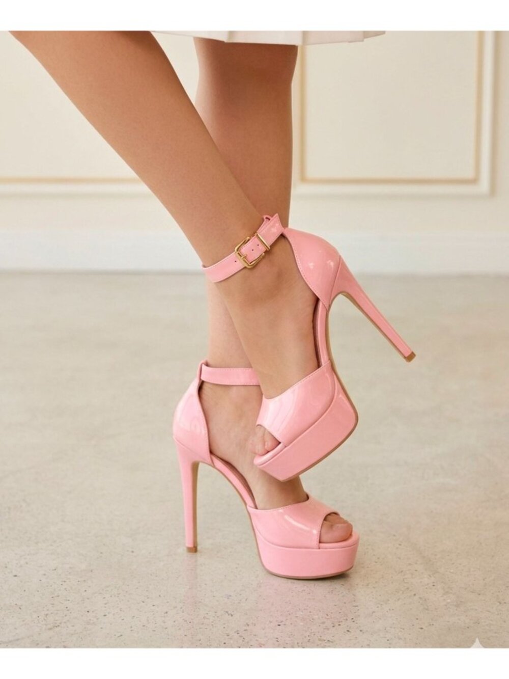 Pink Patent Leather Platform High Heels With Adjustable Ankle Strap & Stiletto H